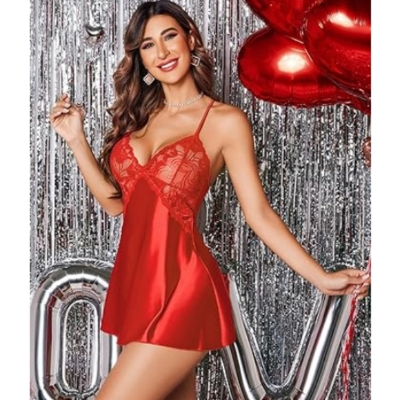 Avidlov Lingerie Nightwear Satin Lace Chemise Mini Teddy Scarlet Red Nighty - Picture 5 of 8